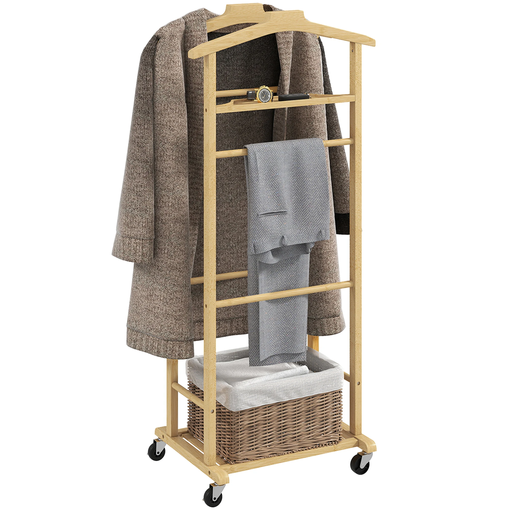 HOMCOM Galán de Noche de Bambú con Ruedas Colgadores 47x33,7x105,5 cm, Natural
