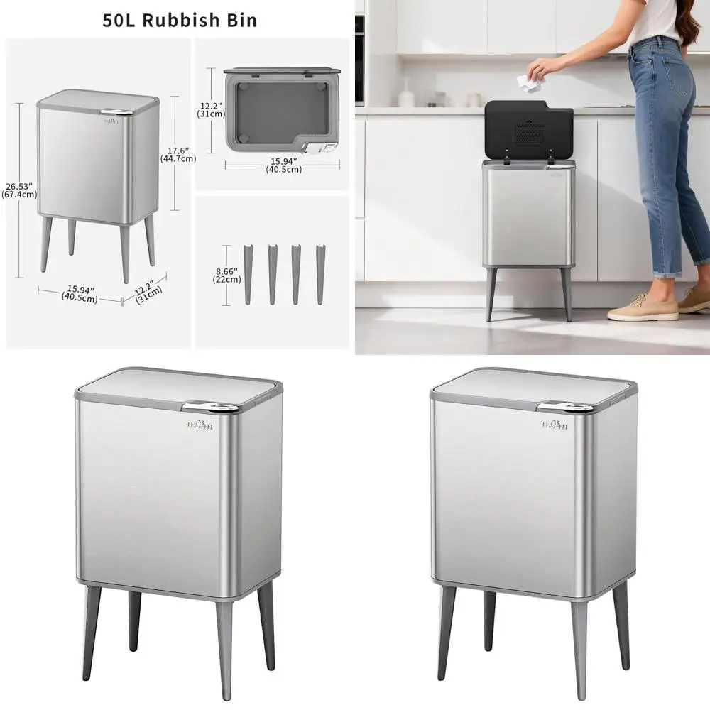 

Мусорное ведро из нержавеющей стали на 13 галлонов с крышкой, защитой от запаха, антиотпечатками и кнопочным механизмом открывания для кухни и домашнего офиса