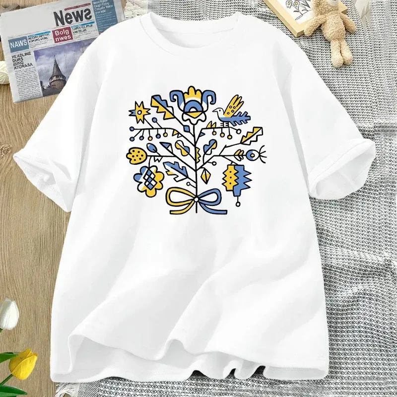 Ukrainian Trident Pattern Printed T-Shirt Summer Cotton Mens and Womens Versatile Tee Casual Loose Women Short-Sleeved O-Collar