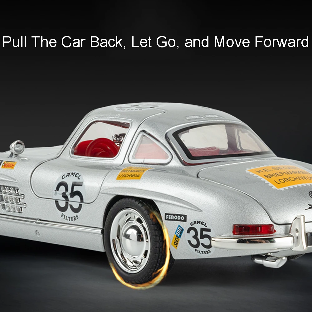 1:32 스케일 300SL 빈티지 자동차 장난감 모델 합금 다이캐스트 사운드 라이트 도어 오픈 풀백 고무 타이어 어린이 생일 선물