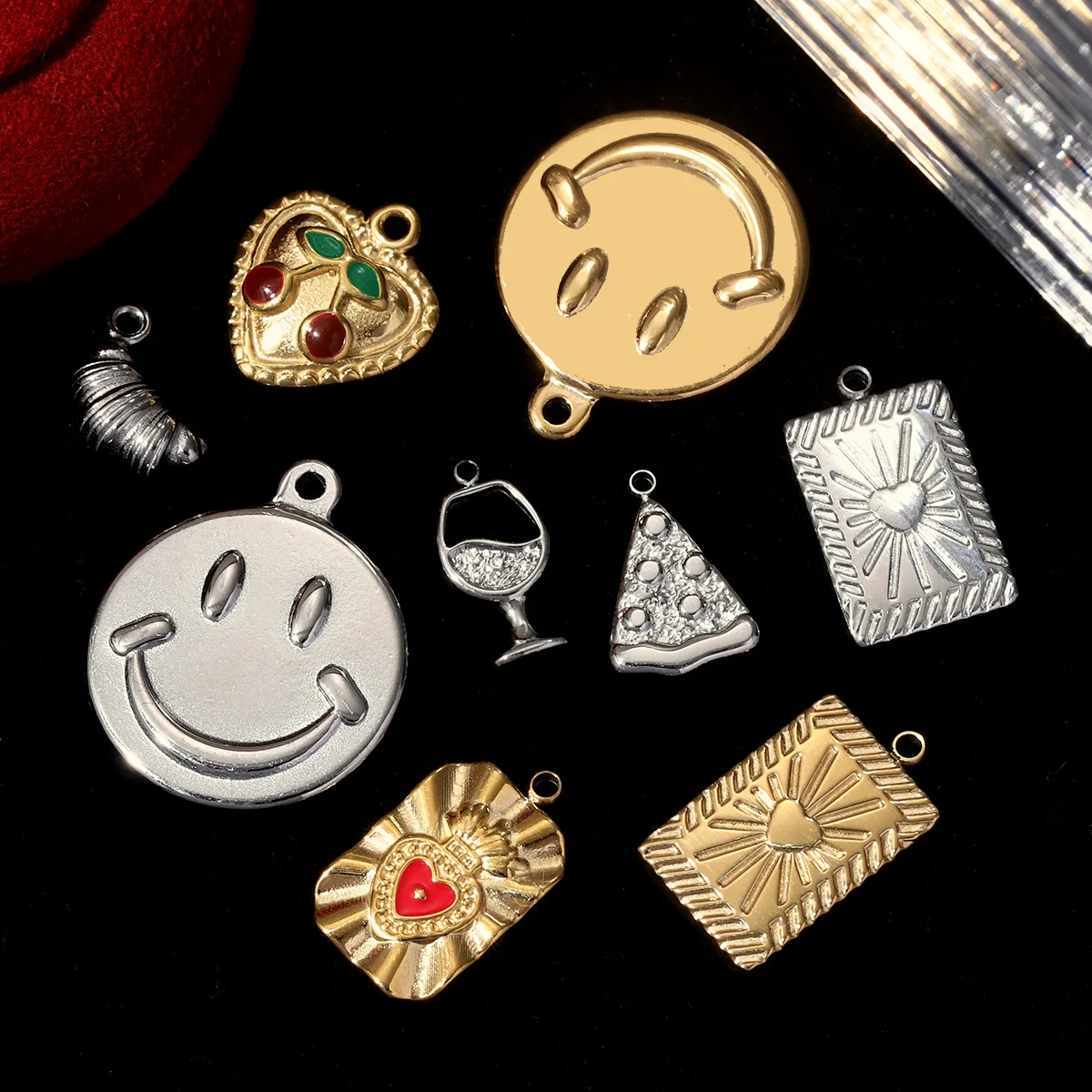 

3pcs/lot Stainless Steel Enamel Crown Heart Cherry Croissant DIY Charms Women Smile Face Pendant Bracelet Necklace Make Jewelry