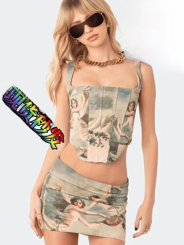 

Edikted Faion Oil Painting Angel Print Street Sle High Waist One oulder Sexy ort Sve Set Top Pure Desire Women