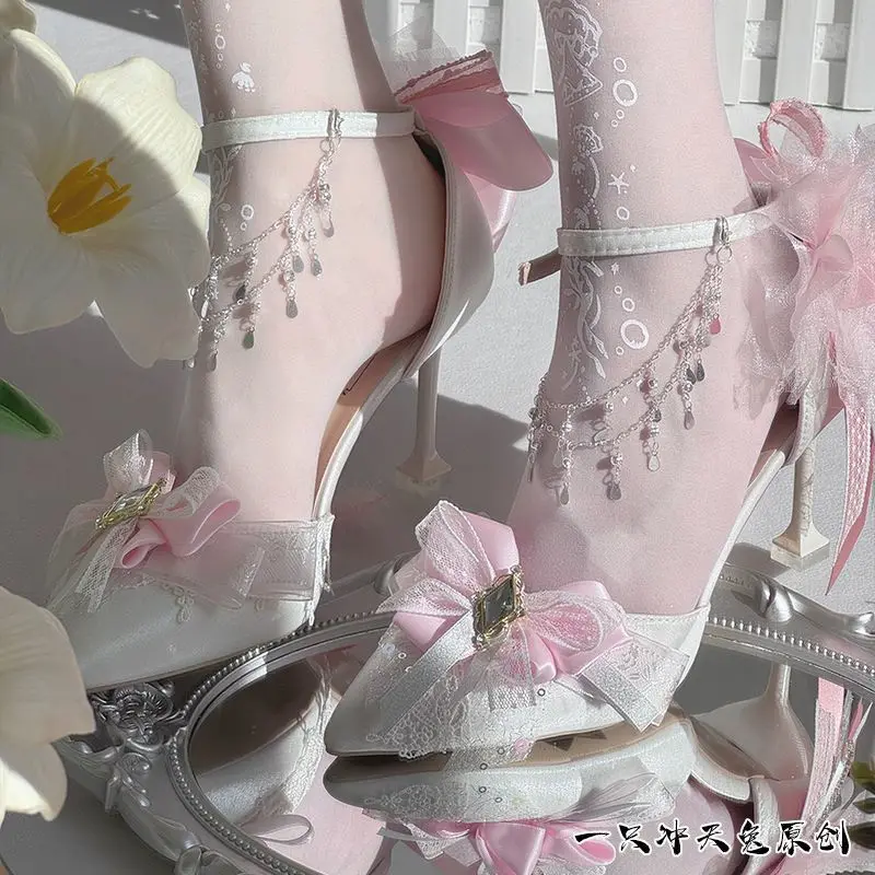 Sandalias de tacón rosa, conjunto de zapatos y bolsos de tacón Lolita, zapatos de fiesta de tacones altos de lujo para mujer, zapatos de novia con lazo para bodas, tacones Y2K