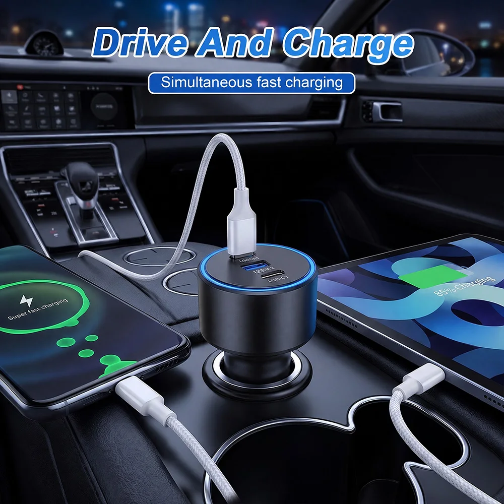 100W 3 Port USB C Car Charger For Xiaomi iPhone 18 Samsung Galaxy S25 Laptops Tabet PD3.0 Fast Charging USB Type C Car Charger