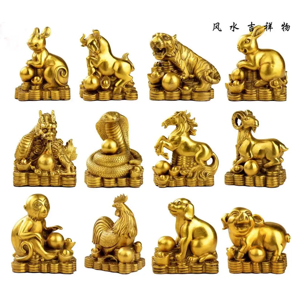 TOP COOL Asia home propitious Ornament The 12 Chinese Zodiacs cow tiger dragon snake horse monkey dog  FENG SHUI brass statue