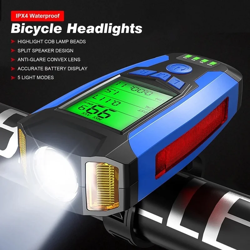 Multi Function Bicycle Front Light Led Lamp MTB Computer Speedometer 5 Modes Horn Bell Bike Headlight Cycling Flashlight