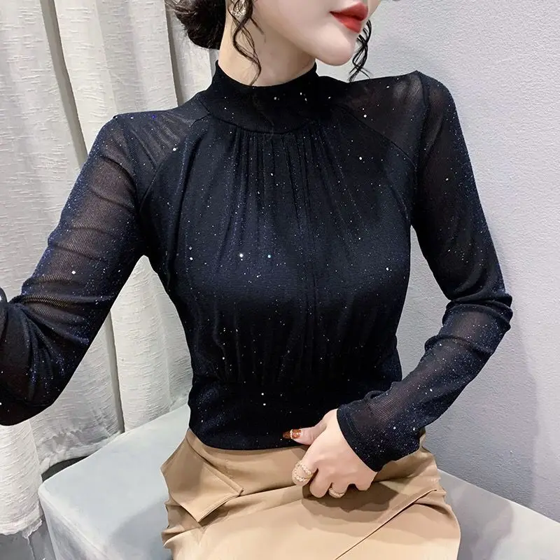 

Elegant Fashion Patchwork Solid Color Long Sleeve Tops Autumn Winter Bright Silk Fleece Slim Turtleneck T-shirt Women's Clothing