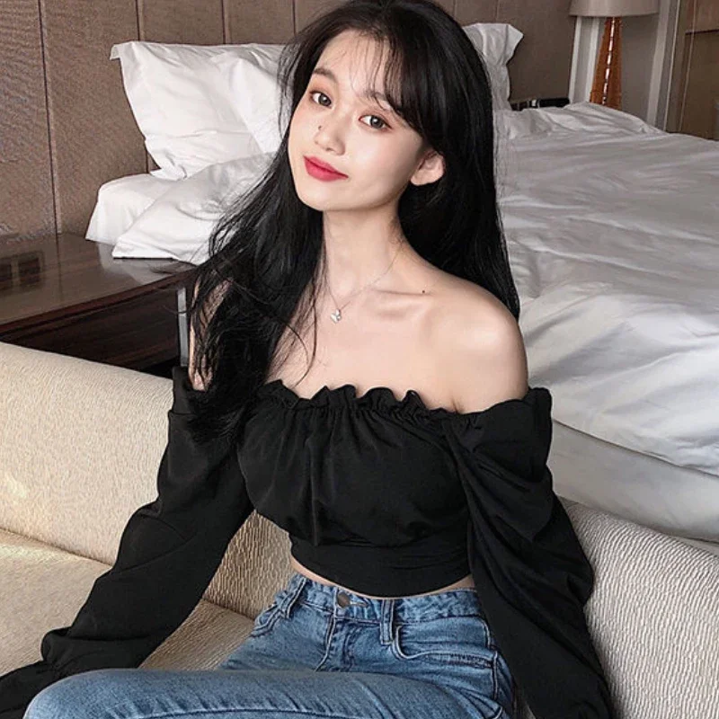 Flare Sleeve Blouses Women Crop Tops Hotsweet Spring Holiday Beach Style Fashion Elegant Young Square Collar Simple All-match