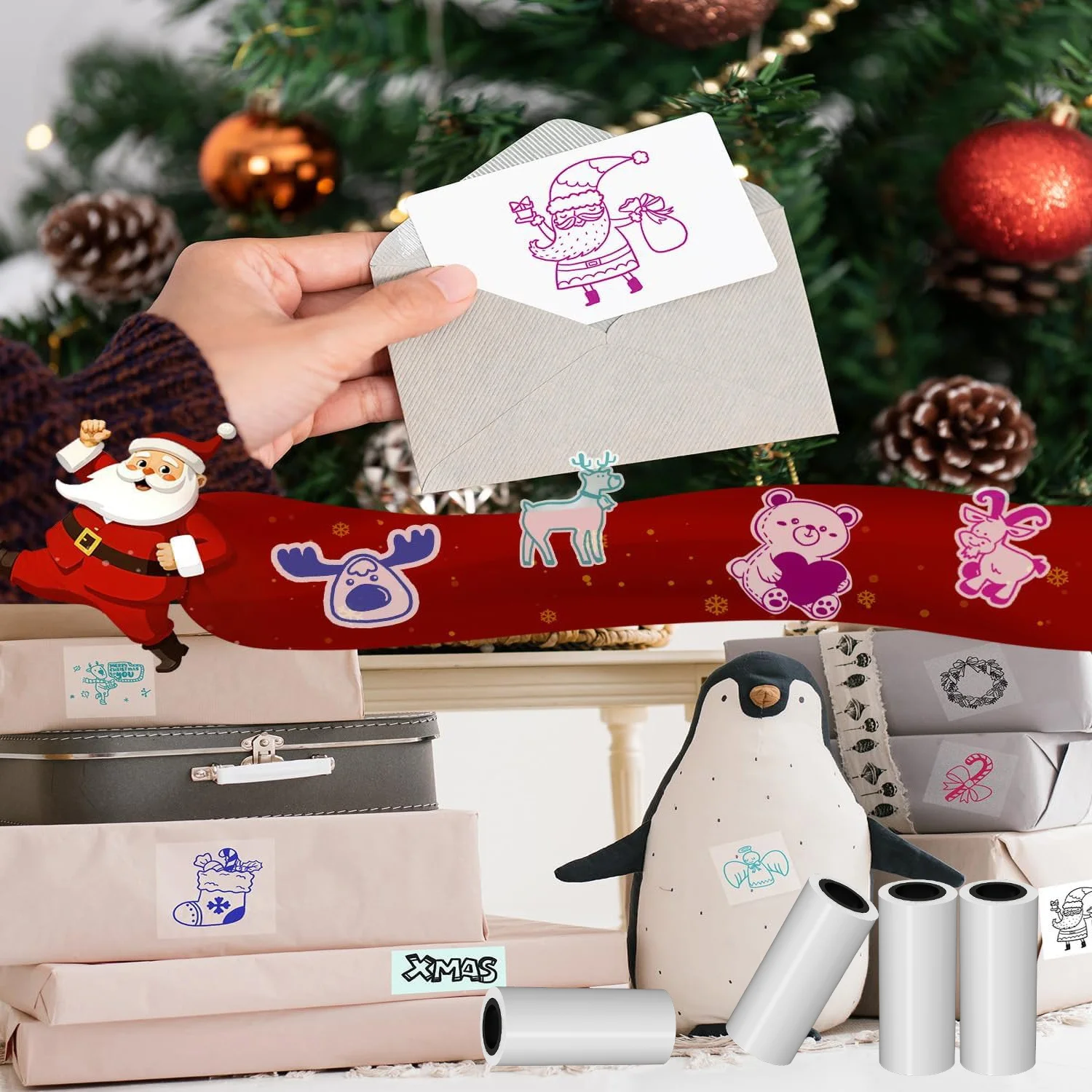 4 قطع 57 ملم لفات ورق ملونة شفافة ذاتية اللصق للطابعات الصغيرة - عيد الميلاد/العام الجديد، المطبخ/المدرسة/المكتب، وضع العلامات