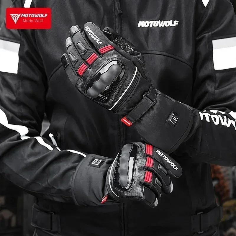 MotoWolf Winter Motorcycle Heated Gloves Waterproof Warm Leather  Touch Screen Windproof Cold Resistant Heated Gloves