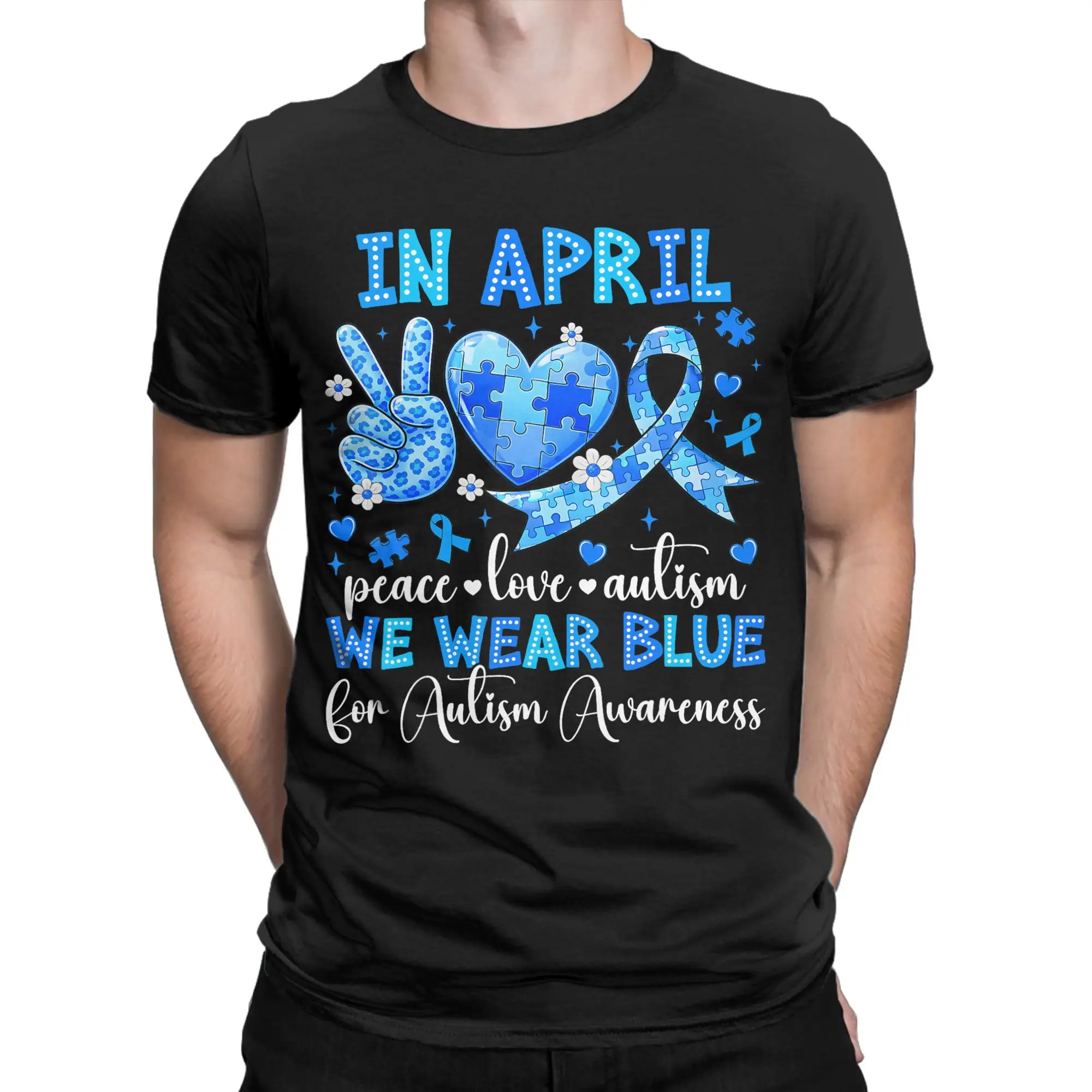 April We Wear Blue Autism Awareness T-Shirt for Men  Fashion 100% Cotton Tee Shirt Crew Neck Short Sleeve T Shirt 4XL Clothing