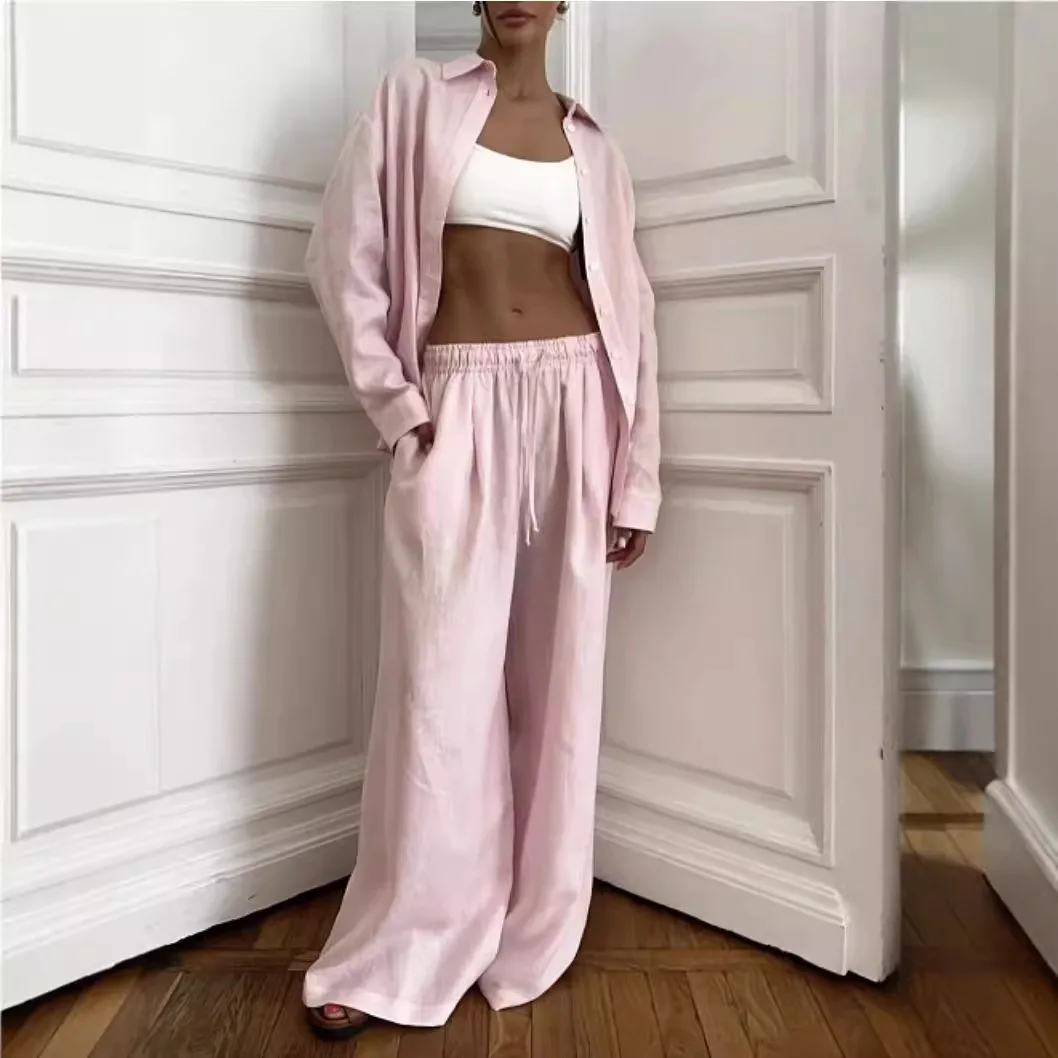 

Fashion Cotton Linen Shirt Long Sleeved Women's Set Spring Autumn Loose Cotton Linen Wide Leg Trousers Female Office 2piece Set