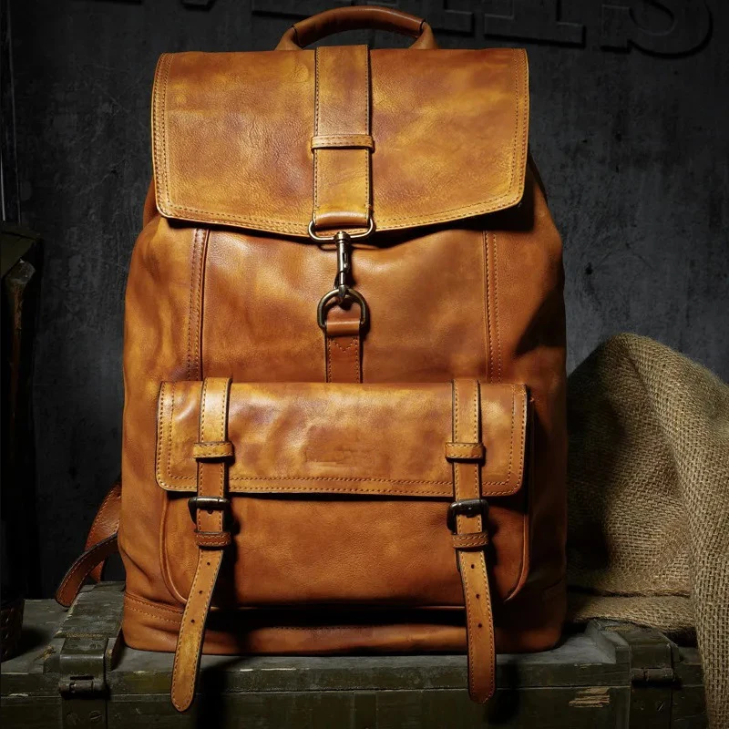 Denny&Dora Men's Luxury Full Grain Leather Large Capacity Backpack - Casual Minimalist Travel Bag with Computer Compartment