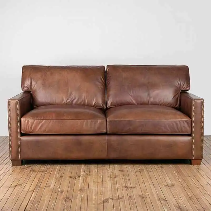 American Vintage L-shaped Wood Leather Three Seat Sofa Oil-waxed Living Room Villa Hotel Cigar Bar