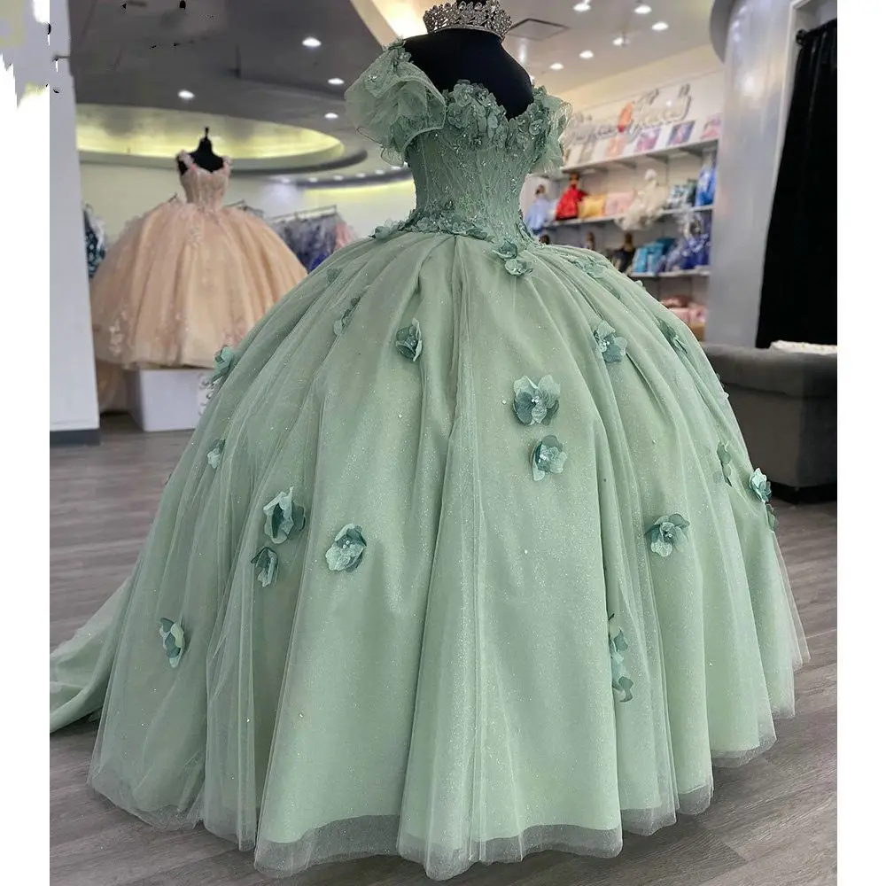 

Lorencia Mint Off Shoulder 3D Flowers Ball Gown Quinceanera Dress 2024 Crystal Beading Lace Corset Vestidos De 15 Anos YQD141