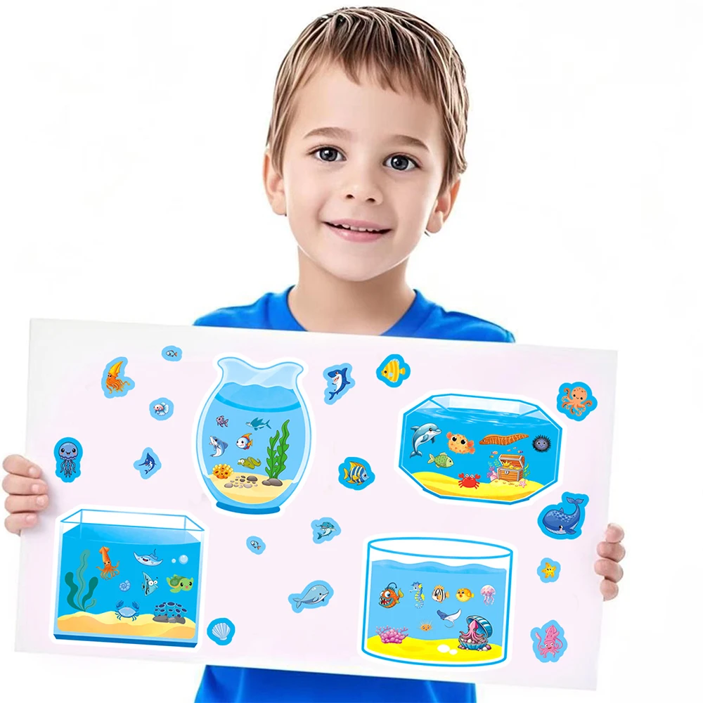 Autocollants de Puzzle de dessin animé pour aquarium, 8/16 feuilles, drôles et créatifs, faites votre propre à assembler, autocollants éducatifs pour enfants, cadeau de fête