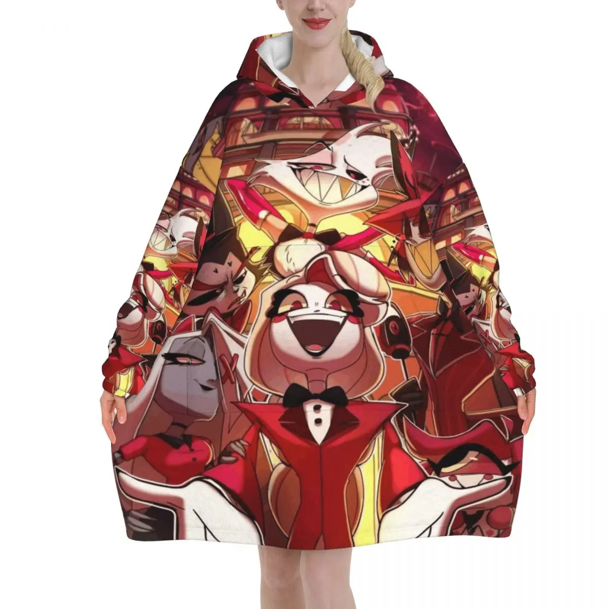 

Hazbin Hotel Anime Vox Oversized Blanket Hoodie Sweatshirt Long Fleece Hooded Wearable Blanket with Large Pocket for Women Men