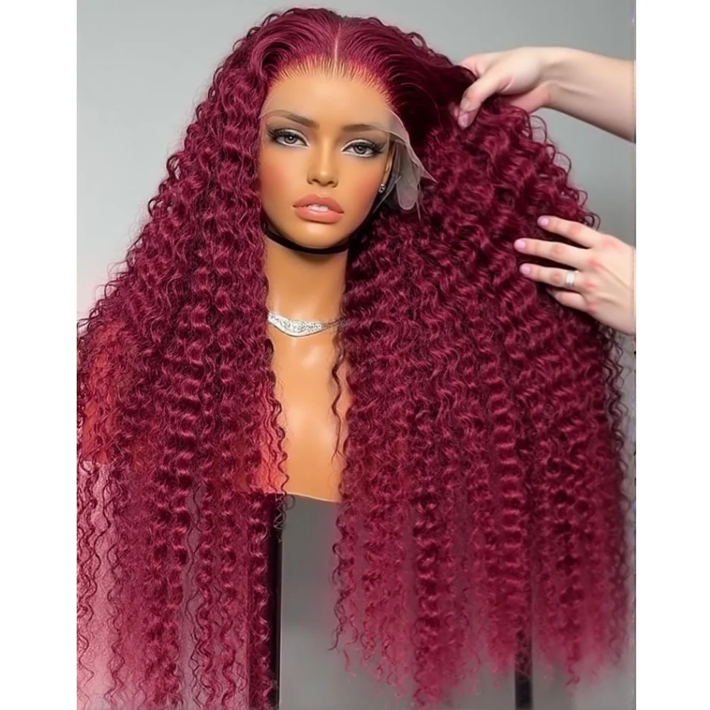 

26 дюймов 99j 180 Плотность Предварительно выщипанные Длинные Мягкие Бордовые Кудрявые Вьющиеся Парики Фронта Шнурка Для Женщин Натуральные Синтетические Бесклеевые Детские Волосы