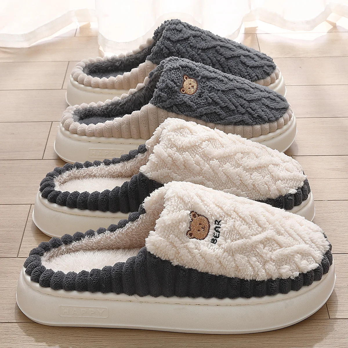 Winter Warm Cartoon Bear Print Knitted Women Plush Slippers Non-slip Thick Sole Men Home Cotton Shoes