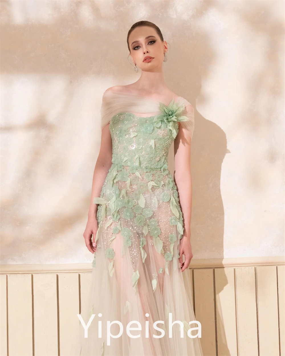 Customized  Simple High Quality Strapless A-line Evening  Flower Tulle Organza Floor Length Custom es