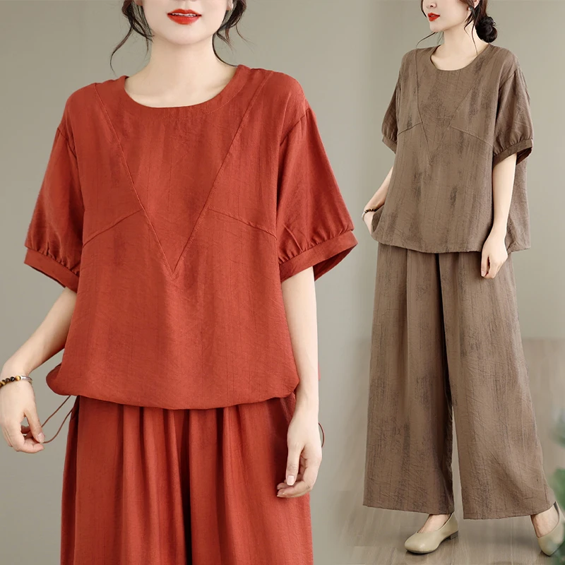 

Casual Loose Summer Fashion Set Women's Large Size Skin-friendly Two-piece Suit Wide-leg Pants Shirt Anti-aging Ensemble