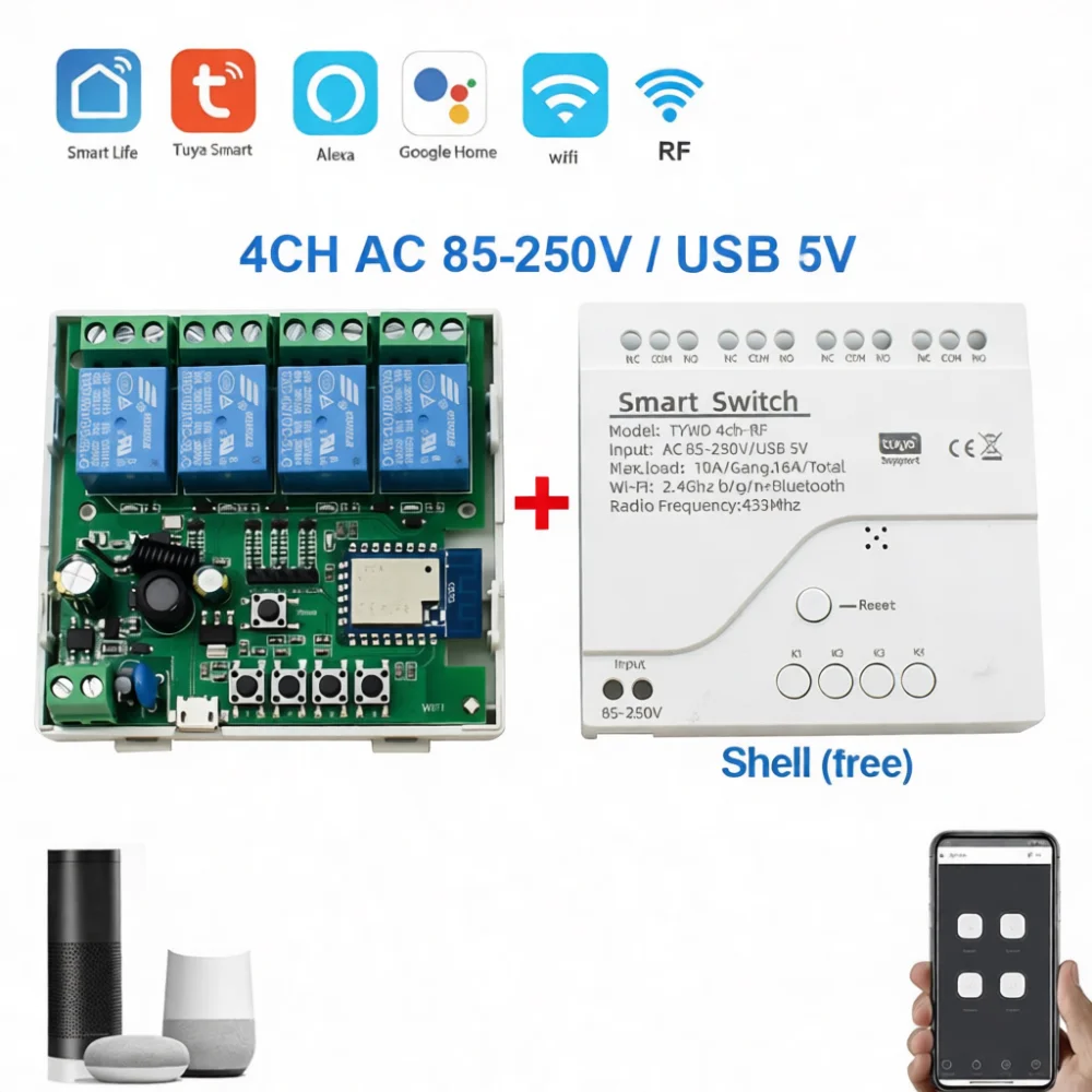 Smart WiFi Door Relay Switch Tuya Ewelink Compatible Remote Access Control Module Timer Wireless Automation Device