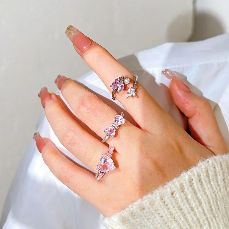 Y2K Pink Crystal Rings Adjustable Irregular Geometry Punk Vintage Bowknot Heart Ring Set for Women Girl 2023 New Fashion Jewelr