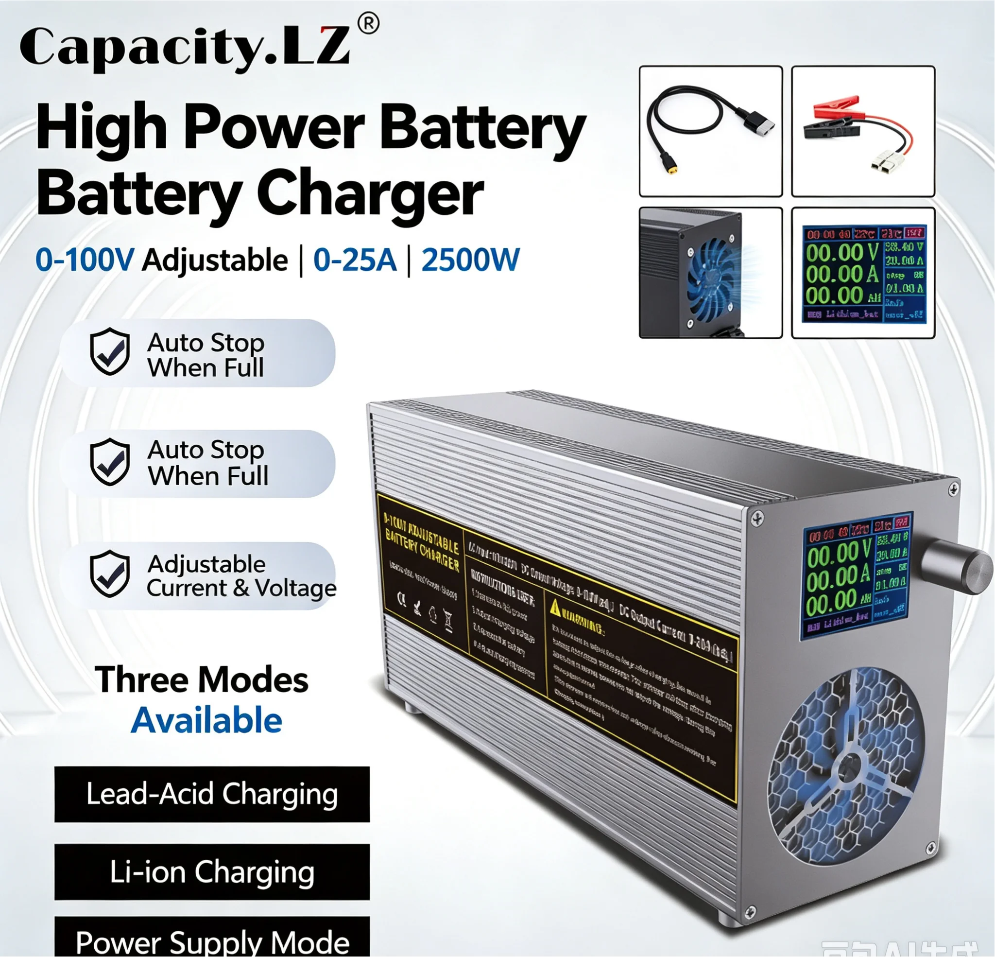 0-100V 0-25A Adjustable Battery Charger 2500W High Power for 12V 24V 36V 48V 60V 72V Lifepo4 Li-ion VRLA Battery Aluminum Shell