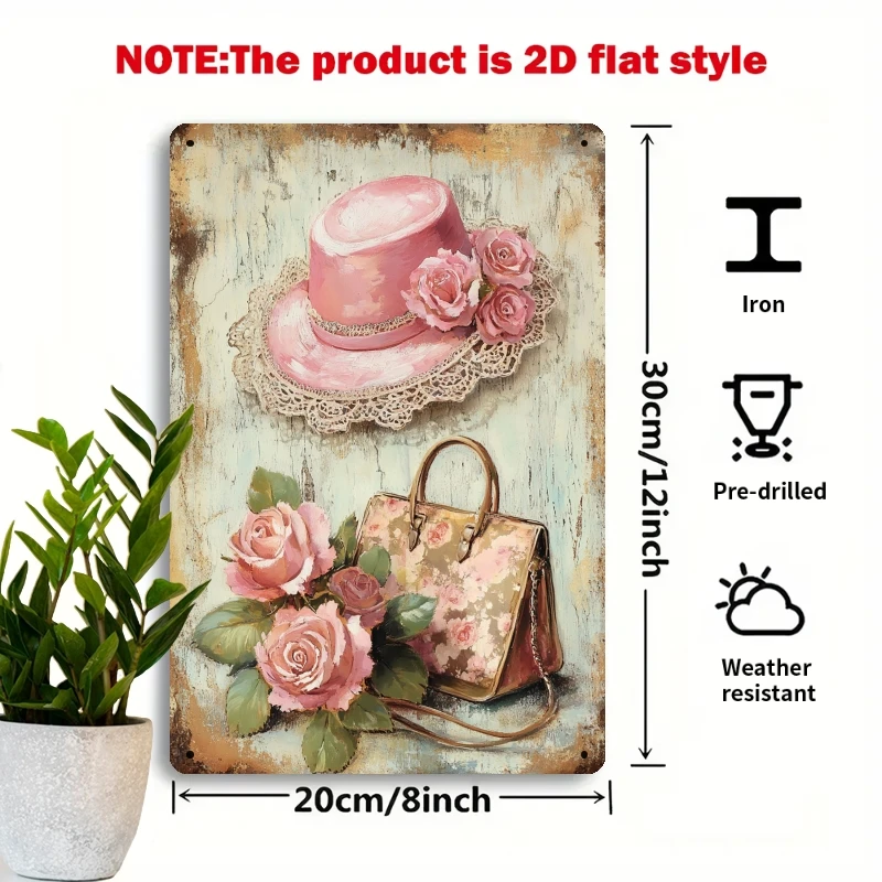 2D Flat - [2D Vintage Metal Tin Signage]2D Flat - A 2D Artwork Featuring a Vintage Hat And Bag Strap Adorned with a Rose Iron Me