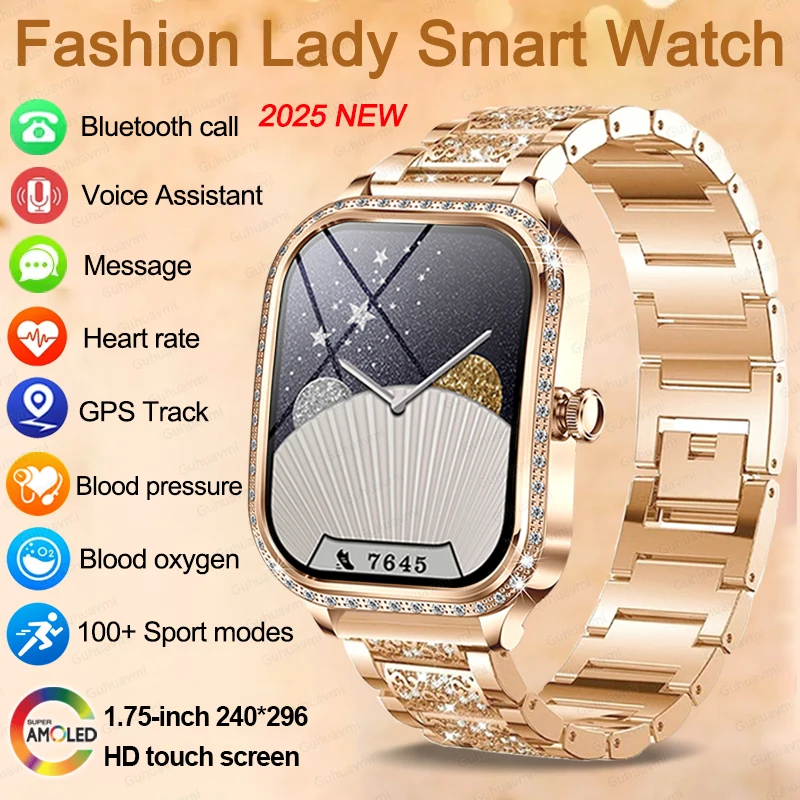 New Fashion Women's Smart Watch Heart Rate 1.75 Inch 240*296 HD Screen Diamond Watch Bluetooth Call Waterproof SmartWatch Ladies