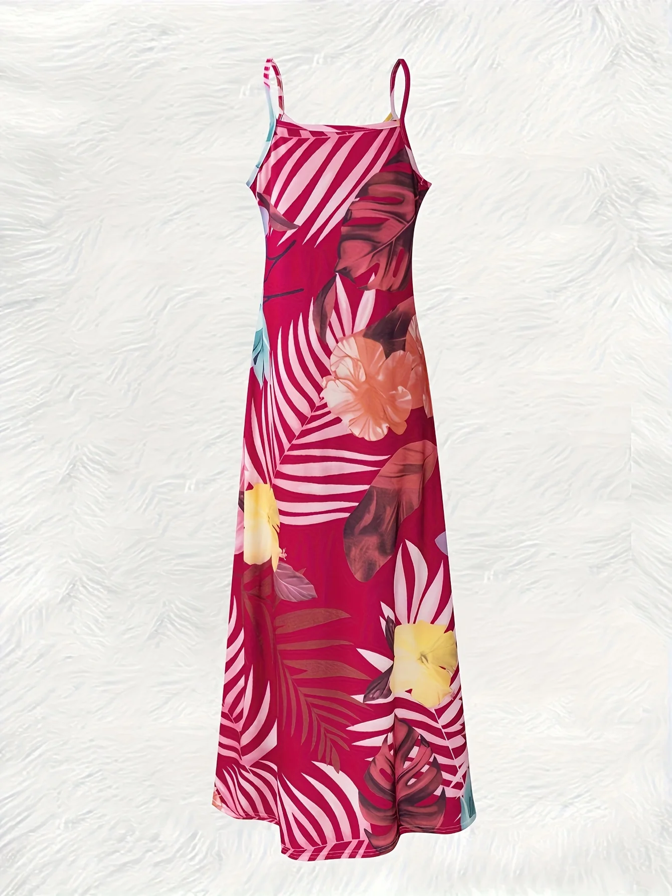 Vibrant hot pink  dress featuring tropical palm leaf and hibiscus prints. The halter neckline and floor-length cut create a flat