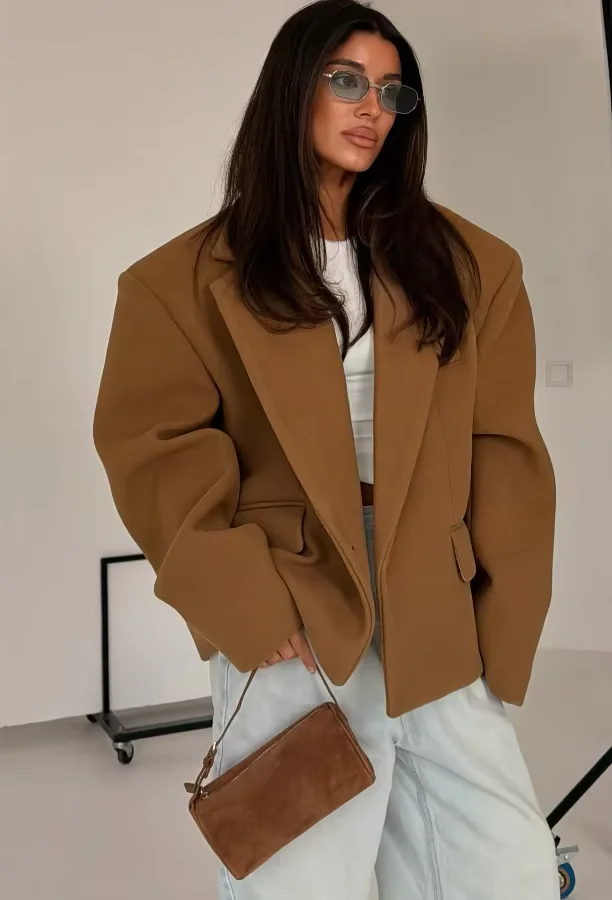 Lady Oversized Blazer Coat Lapel Open Front Jacket Shoulder Pads Outerwear  Long Sleeve Loose Thick Warm Fall Winter Outerwear