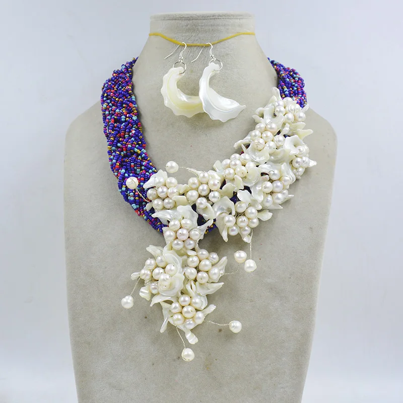 Handwoven Shell Flower Necklace Earring Set  18”