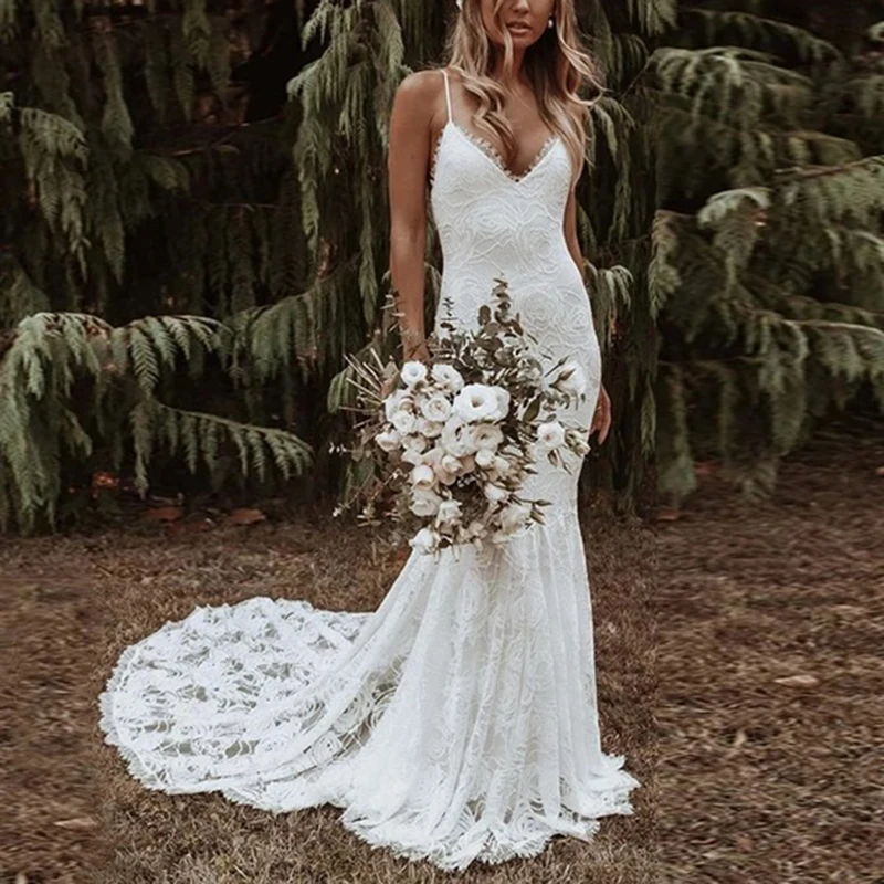 Robes de mariée sirène personnalisées avec appliques dos nu, bretelles spaghetti, train de balayage, trompent, quelle que soit la robe de mariée, 2023