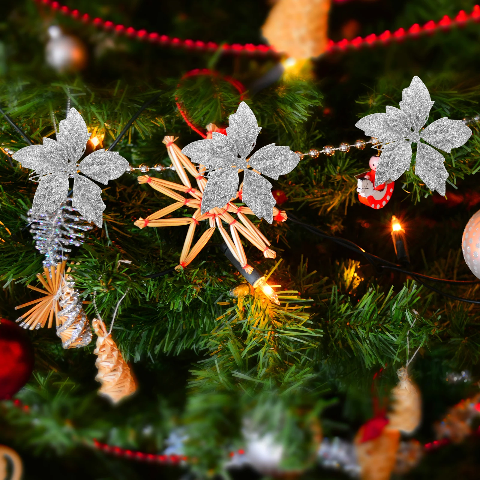 

10Pcs Artificial Poinsettia Flowers Glitter Christmas Decorations Xmas Tree Ornaments Home Party Decor Glitter Poinsettia