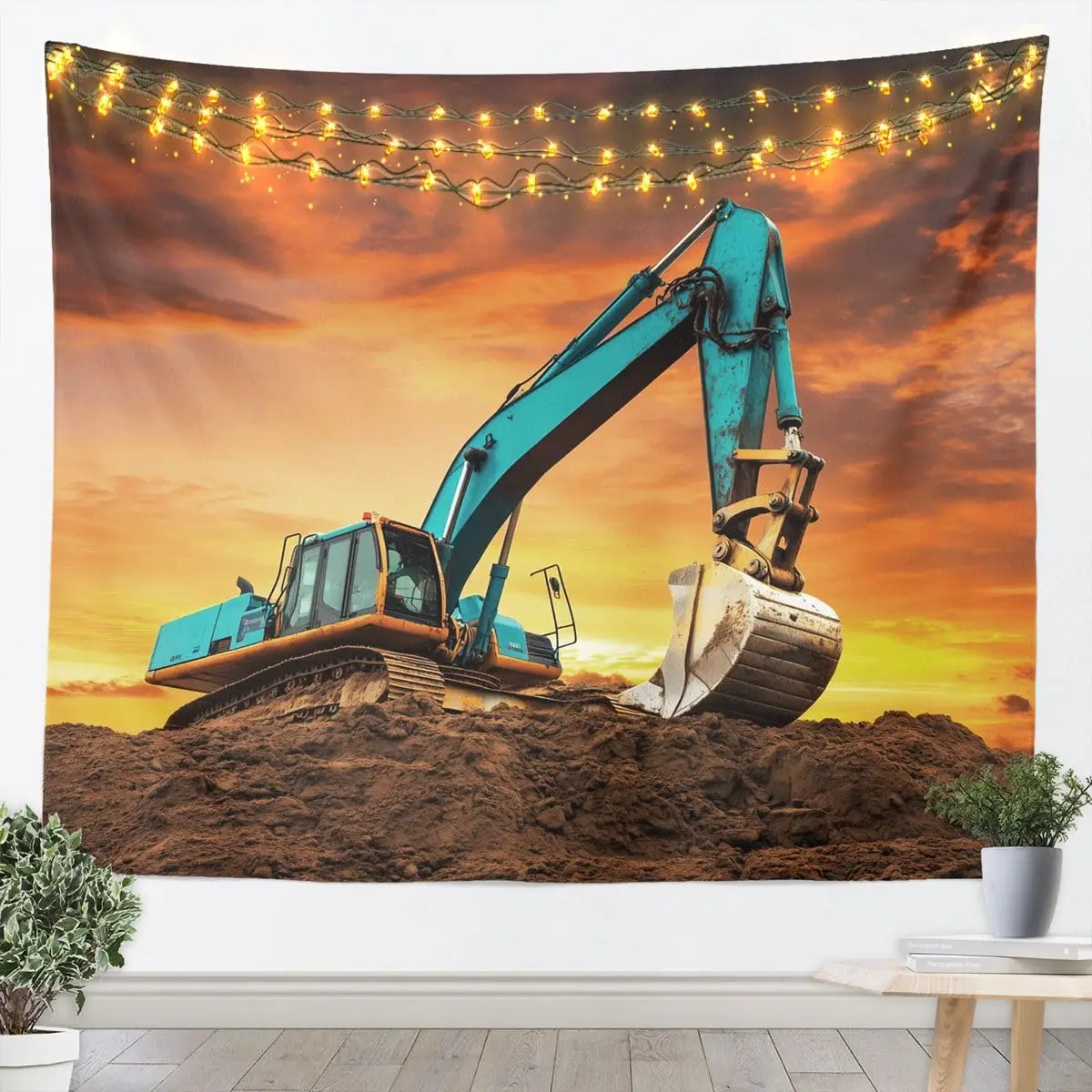 Cartoon Construction Excavator Tapestry for Boys Vehicles Truck Print Wall Hanging Machinery Bulldozer Crane Style Wall Blanket