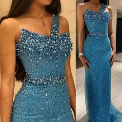 Glitter Evening Dresses Romantic Prom Dress Sleeveless Sexy Backless Mermaid Beading Appliques Blue Vestidos De Gala Customized