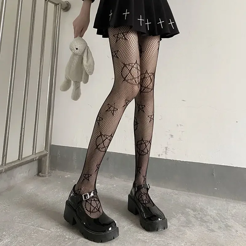 Gothic Tights Women Leggings Lolita Hollowed Out Mesh Body Stockings Japanese Bottomed Lace Pantyhose Skull Punk Black Hosiery