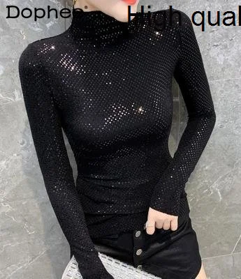 Spring Autumn 2023 New Heavy Industry Glossy Bling Long Sleeve T-shirt Women's Bottoming Fashion Stretch-Fit T Shirt Tide