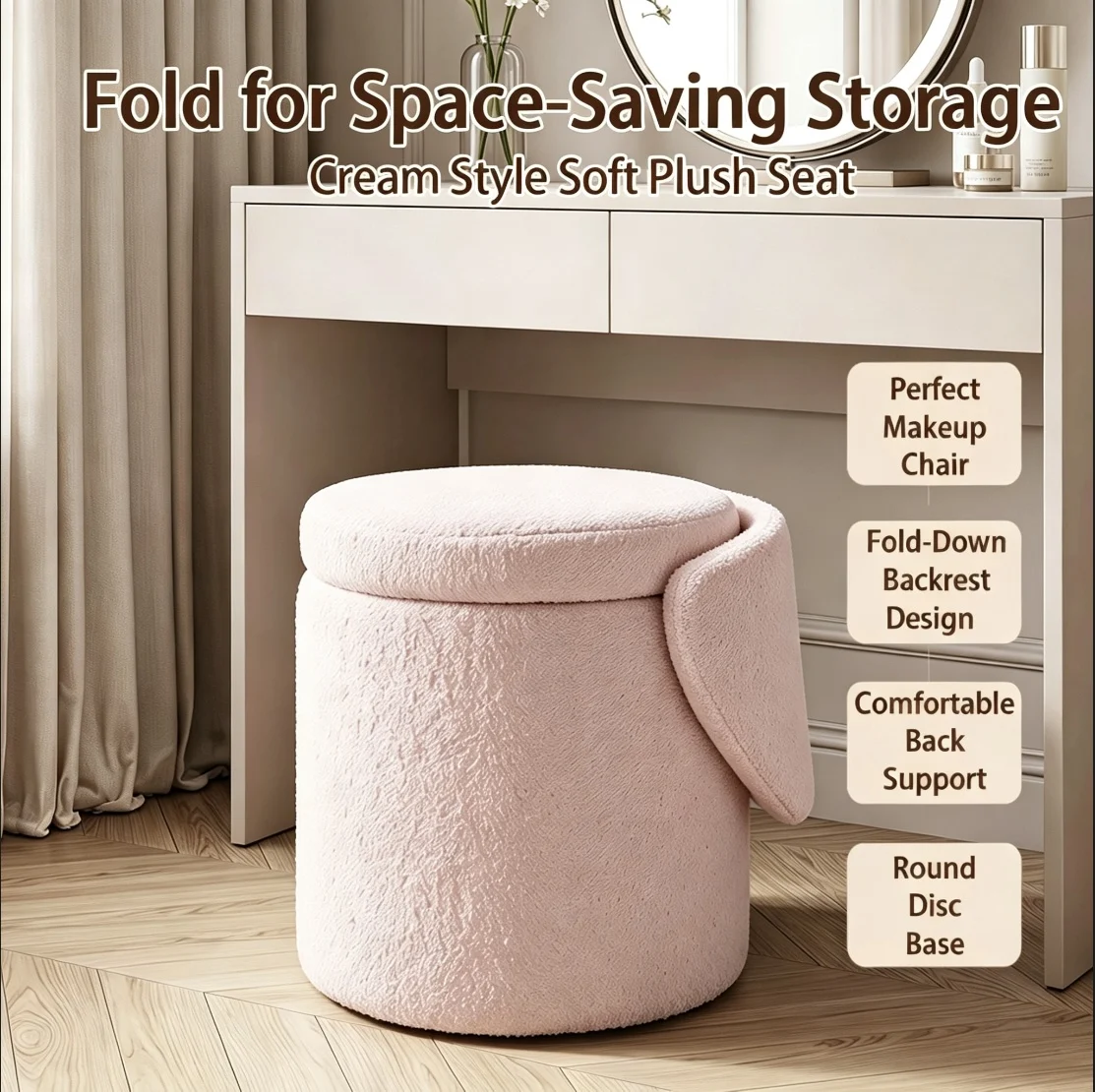 Pink Vanity Stool with Storage Foldable Backrest Makeup Chair Sherpa Upholstered Footrest for Bedroom Dressing Room