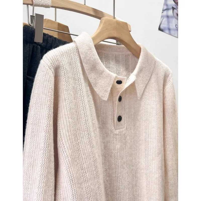 

Elegant POLO half-open lapel pure cashmere knitted sweater women loose wool base sweater autumn and winter