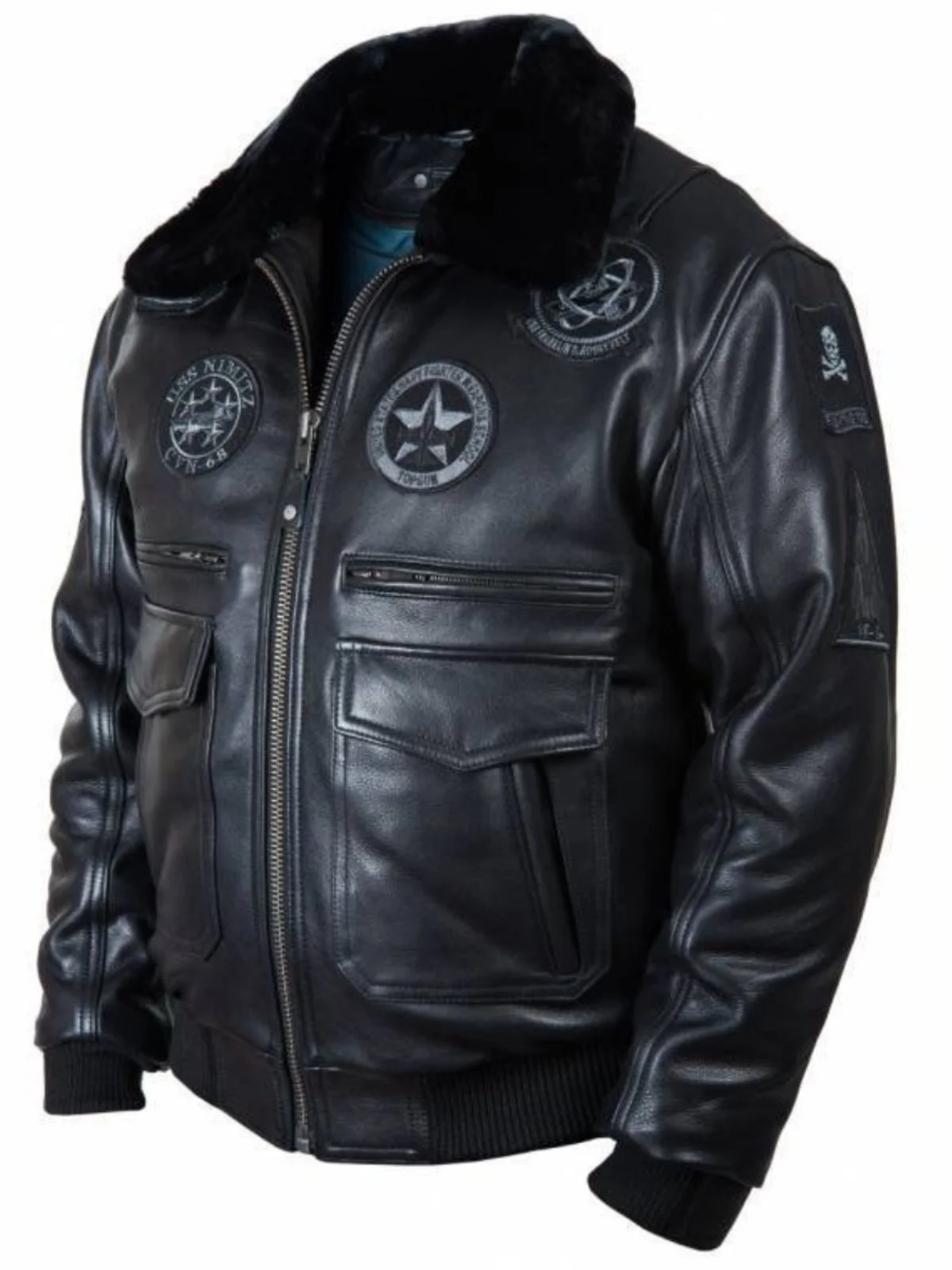 

American Sle Pilot Leather Jaet Youth Casual Winter Zipper Closure Slim Fit Straight Hemline Stand Collar Fake Leather Coat