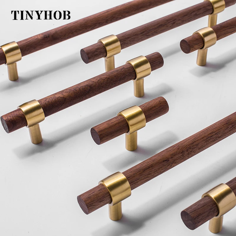 Natural Wood+brass T Bar Door Handles American Style Furniture Wooden Handle Drawer Pulls Kitchen Cabinet Knobs and Handles