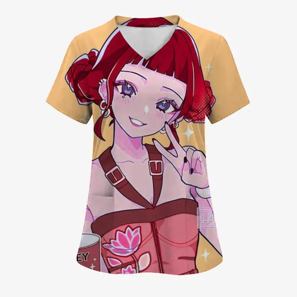 

Женская униформа медсестры KPOP Demon Hunter с 3d принтом и v-образным вырезом, карманная медицинская форма, скрабы для кормления с героями мультфильмов, топы, Uniforme Enfermera