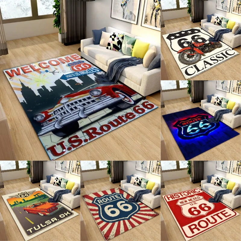Vintage Route 66 Area Rug Historic US Highway Retro Distressed American Road Sign Design Non-Slip Floor Carpet for Living Room