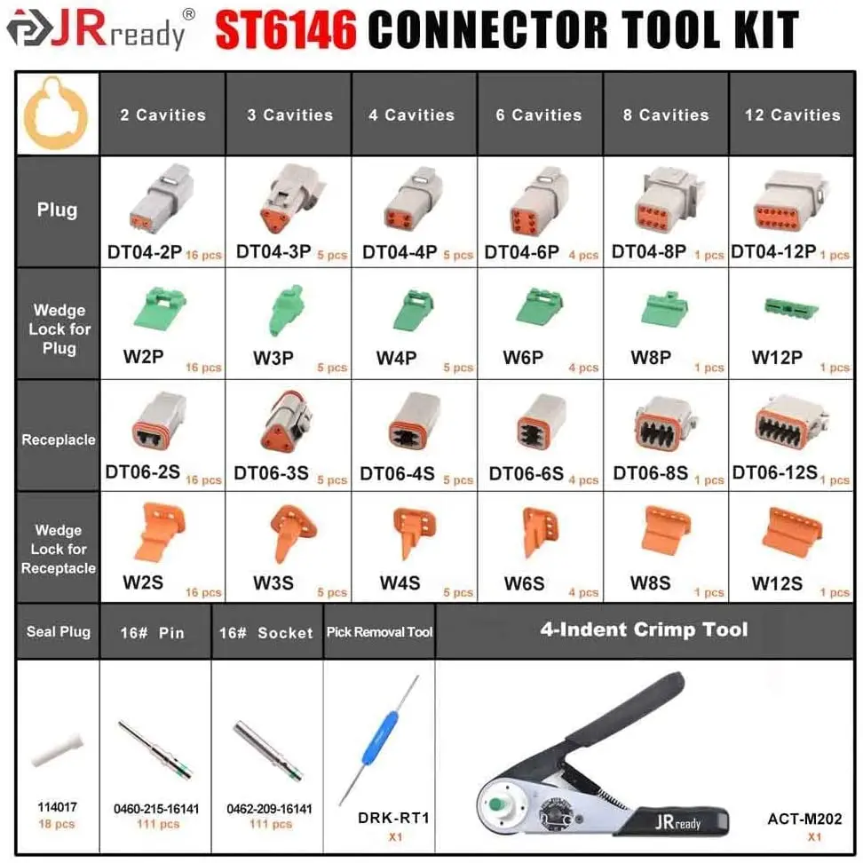 JRready ST6146 DT Connector Kit, 2-12 Pin 368 PCS Connector/Solid Contact/Crimper ACT-M202 for 12-22AWG