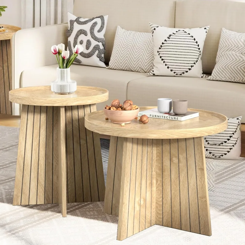 

Round Nesting Coffee Table,Set Of 2 Round Coffee Tables Living Room,Wood Fluted Coffee Table Set,Modern Small Sofa Side Tables F