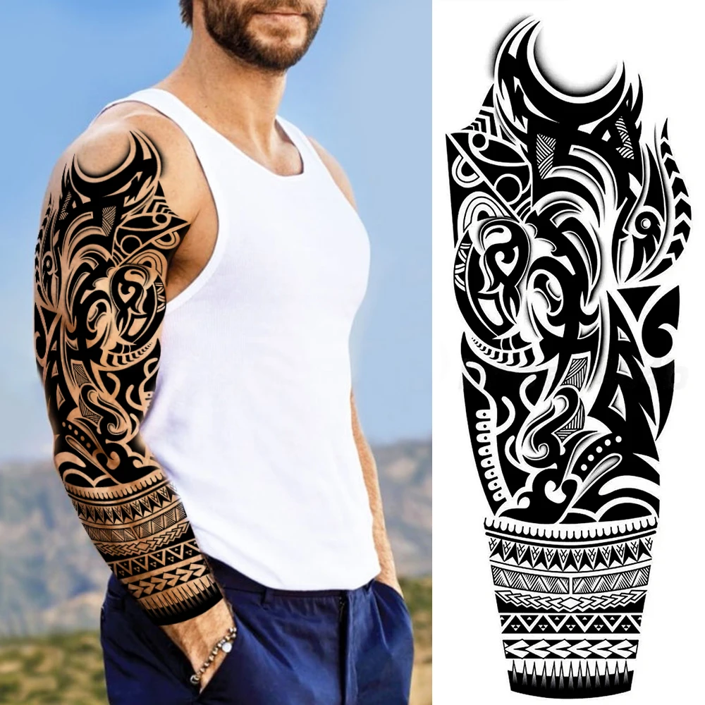 1 Sheet Tribal Maori Totem Full Arm Armband Barbed Wire Temporary Tattoos For Men Adults Fake Black Temp Sticker Sleeve Large