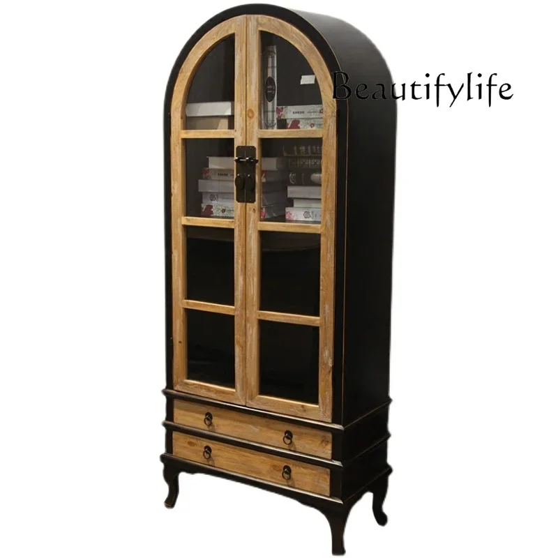 

American Style Solid Wood Vintage Vintage Wine Cabinet American Style Bookcase Villa Storage Cabinet Restaurant Wine Cabinet