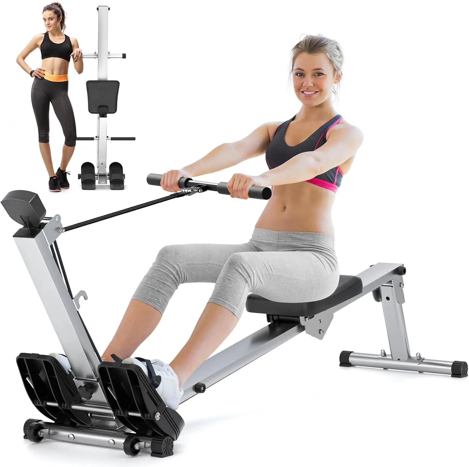 Rowing Machine for Home Use, Foldable Rower with LCD Monitor, Hyper-Quiet & Smooth Upgraded Version with 300LBS Loading Capacity